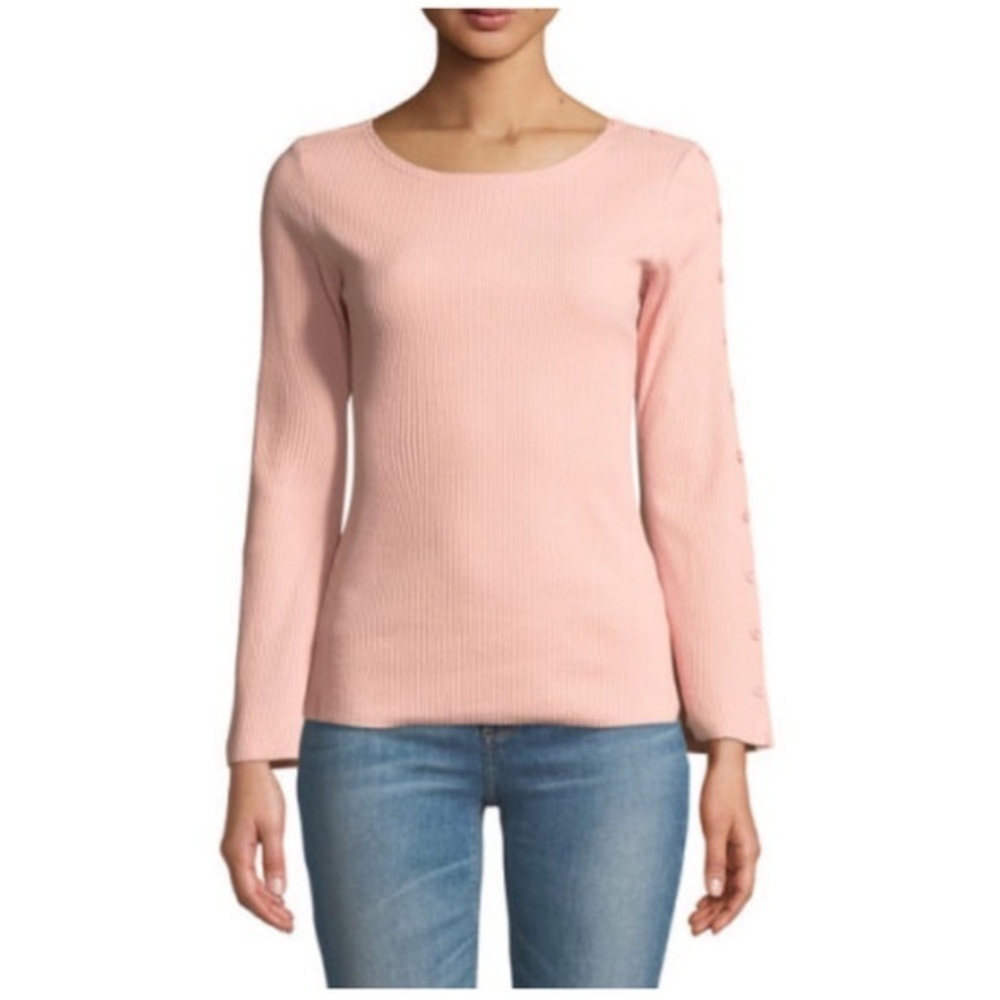 FEW MODA Button-Sleeve Ribbed Slim Top Sz Med, NWT